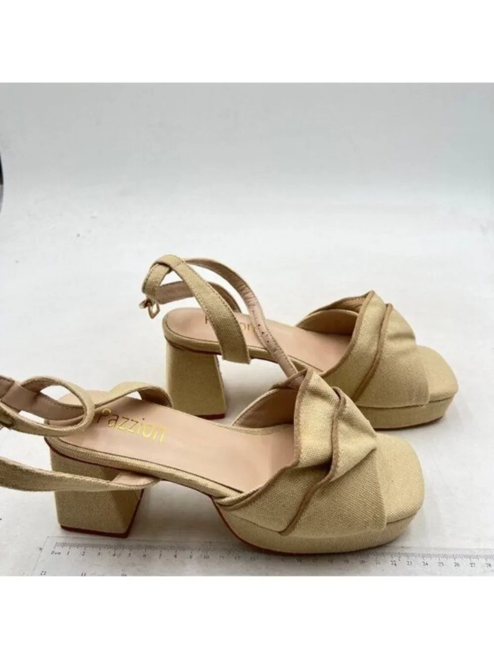 Pazzion Women Platform Square Toe Pleated Ruffle Sandals Chunky High Heels Nude